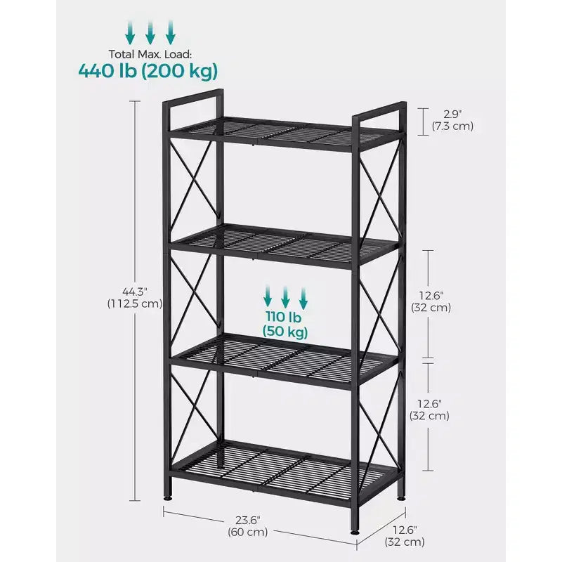 4-Tier Metal Storage Rack, 44.3 Inch Shelving Unit with X-Bar Frames & Adjustable Feet, 110 lb per Shelf, for Entryway Kitchen Bathroom, Ink Black