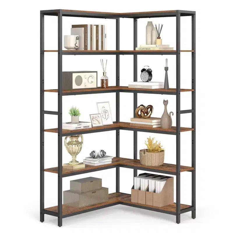 6-Tier Corner Bookshelf, Convertible Metal Frame Shelf with Adjustable Feet, 463 lb Capacity for Living Room Office, Rustic Brown & Black
