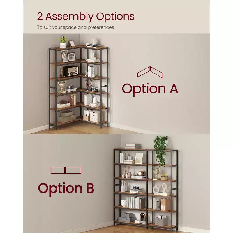 6-Tier Corner Bookshelf, Convertible Metal Frame Shelf with Adjustable Feet, 463 lb Capacity for Living Room Office, Rustic Brown & Black
