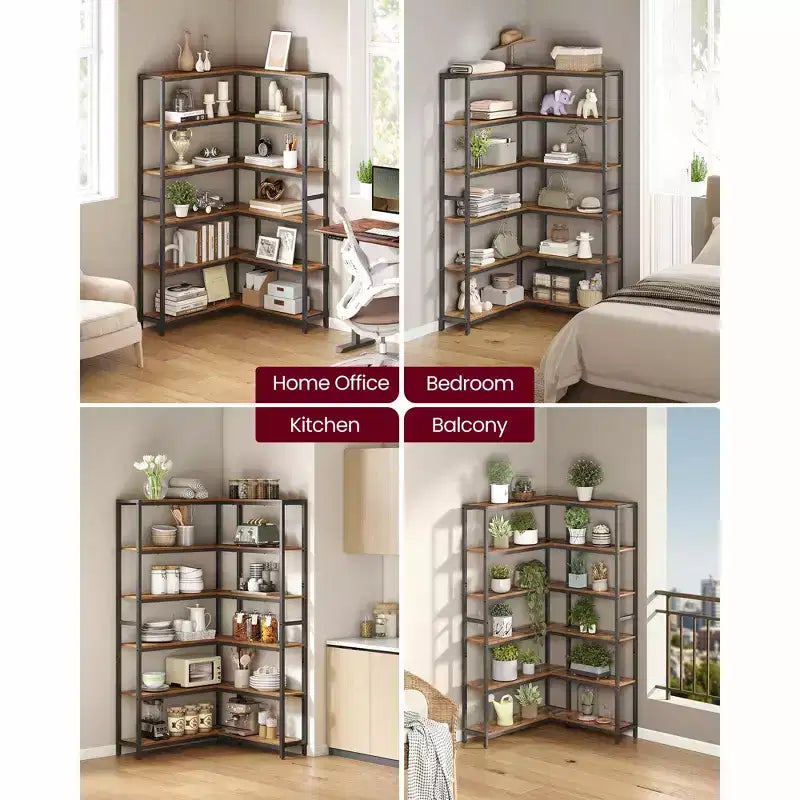 6-Tier Corner Bookshelf, Convertible Metal Frame Shelf with Adjustable Feet, 463 lb Capacity for Living Room Office, Rustic Brown & Black