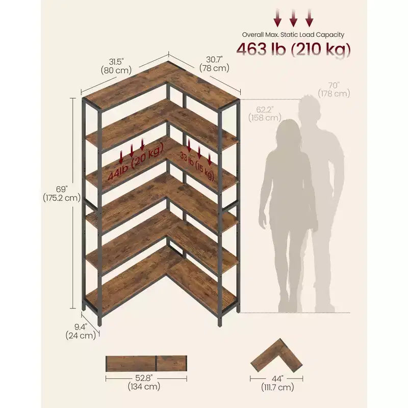 6-Tier Corner Bookshelf, Convertible Metal Frame Shelf with Adjustable Feet, 463 lb Capacity for Living Room Office, Rustic Brown & Black