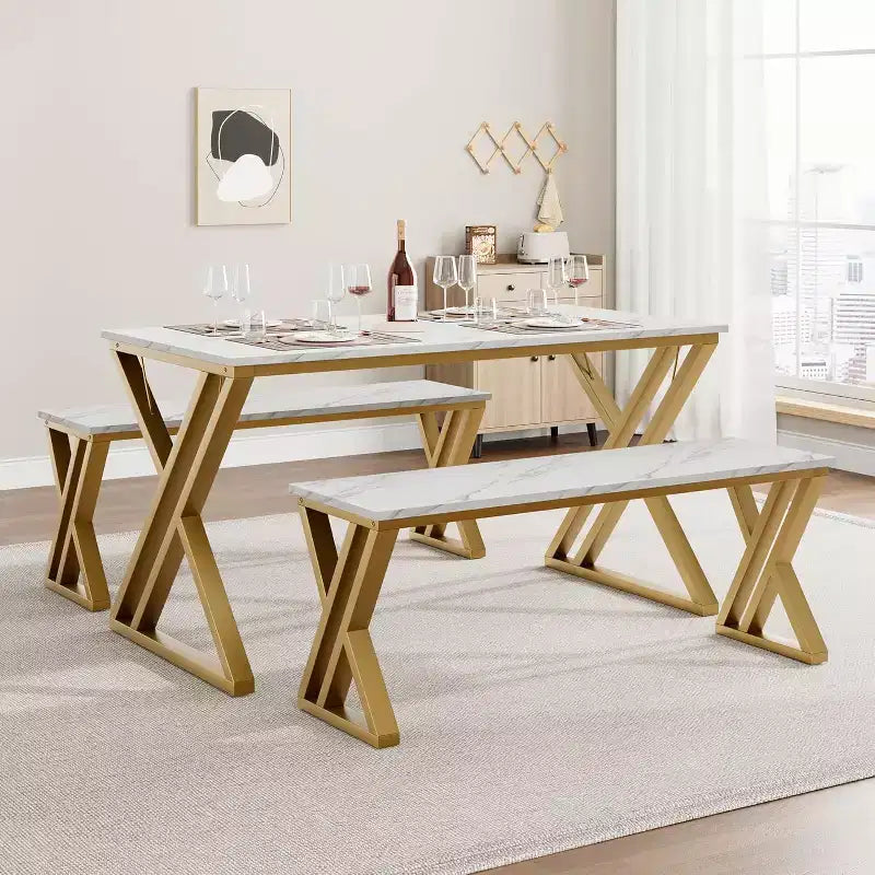4-Person Dining Set: Rectangular Faux Marble Tabletop & 2 Benches with Metal Frame - Space-Saving for Kitchen, Dining Room & Apartment.