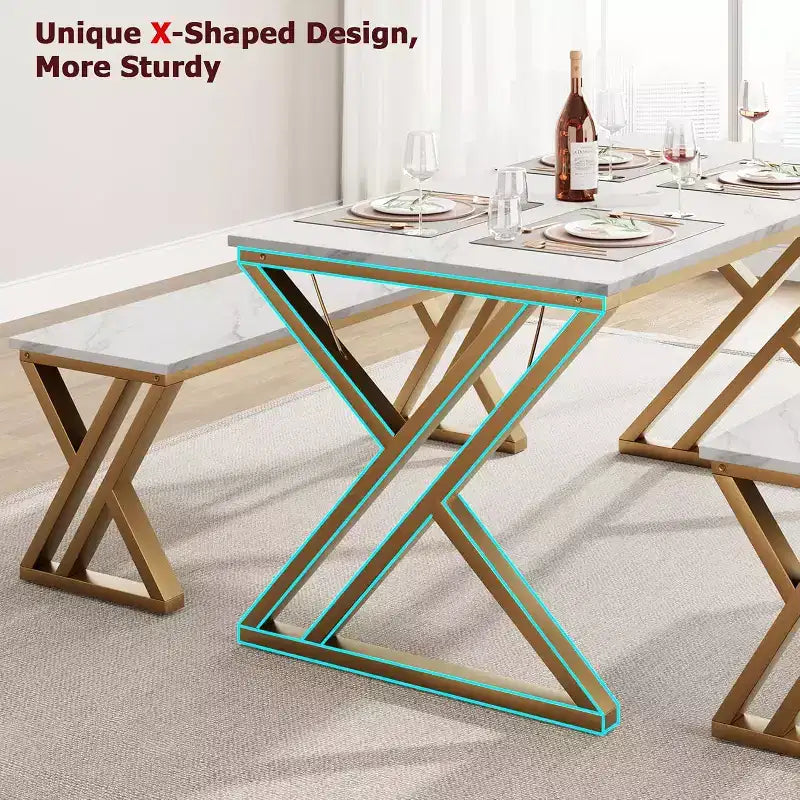 4-Person Dining Set: Rectangular Faux Marble Tabletop & 2 Benches with Metal Frame - Space-Saving for Kitchen, Dining Room & Apartment.