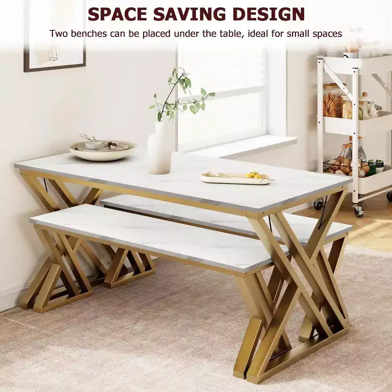 4-Person Dining Set: Rectangular Faux Marble Tabletop & 2 Benches with Metal Frame - Space-Saving for Kitchen, Dining Room & Apartment.