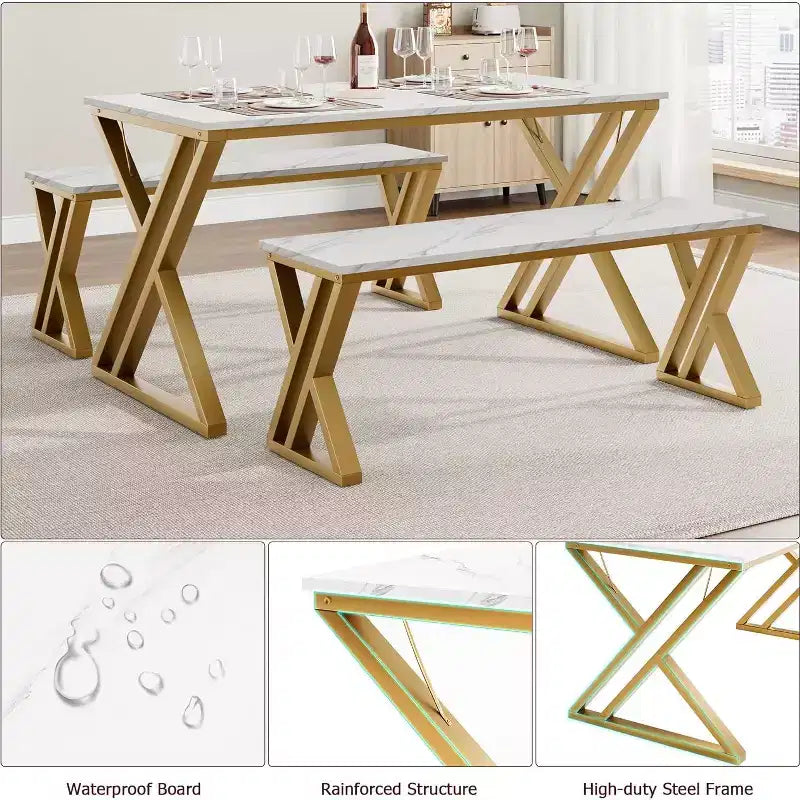 4-Person Dining Set: Rectangular Faux Marble Tabletop & 2 Benches with Metal Frame - Space-Saving for Kitchen, Dining Room & Apartment.