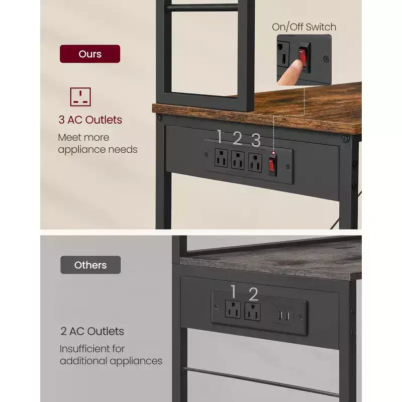 Bakers Rack with Power Outlet, 65.7 Inch Coffee Bar Shelf with Adjustable Shelf & 6 Hooks, Microwave Stand for Kitchen