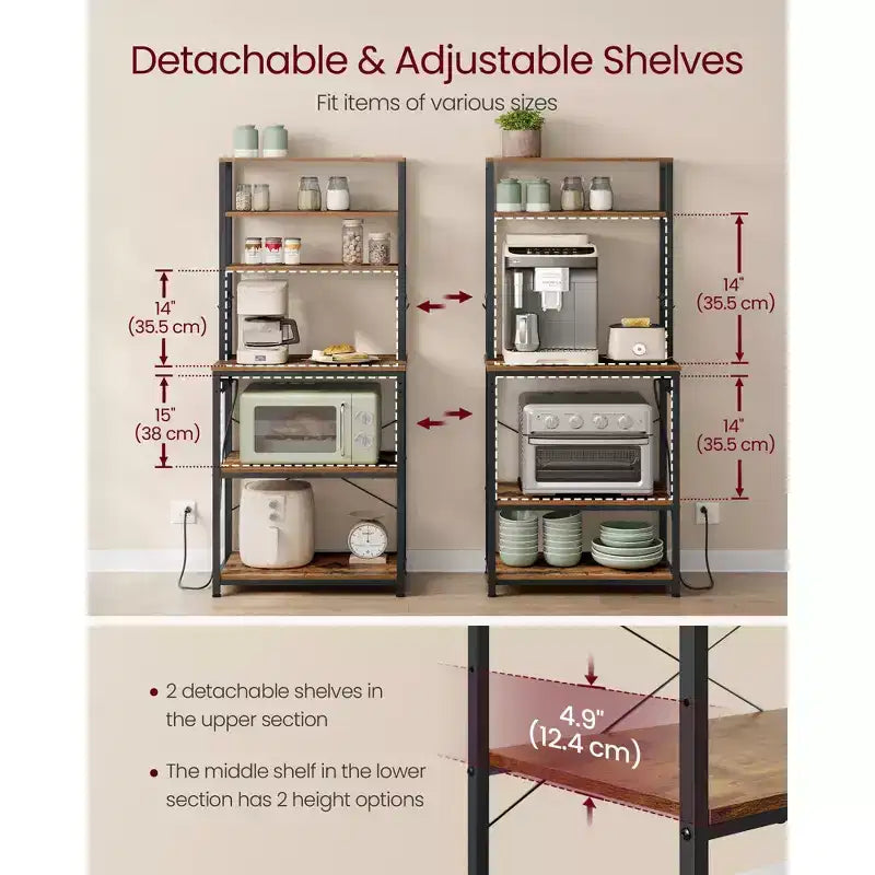 Bakers Rack with Power Outlet, 65.7 Inch Coffee Bar Shelf with Adjustable Shelf & 6 Hooks, Microwave Stand for Kitchen