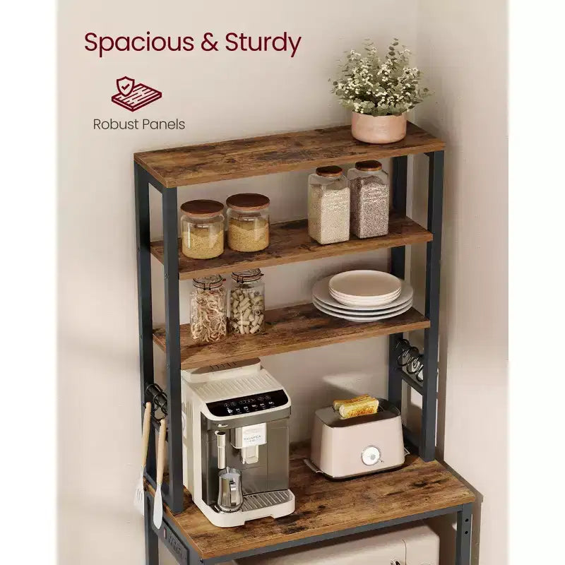 Bakers Rack with Power Outlet, 65.7 Inch Coffee Bar Shelf with Adjustable Shelf & 6 Hooks, Microwave Stand for Kitchen