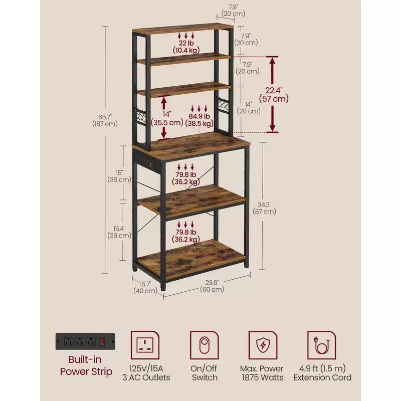 Bakers Rack with Power Outlet, 65.7 Inch Coffee Bar Shelf with Adjustable Shelf & 6 Hooks, Microwave Stand for Kitchen