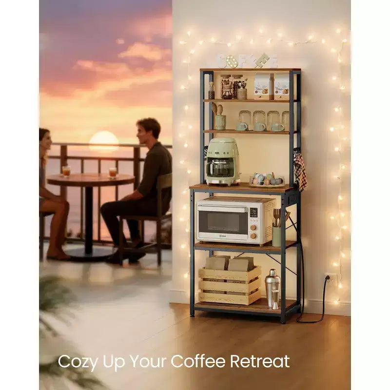 Bakers Rack with Power Outlet, 65.7 Inch Coffee Bar Shelf with Adjustable Shelf & 6 Hooks, Microwave Stand for Kitchen