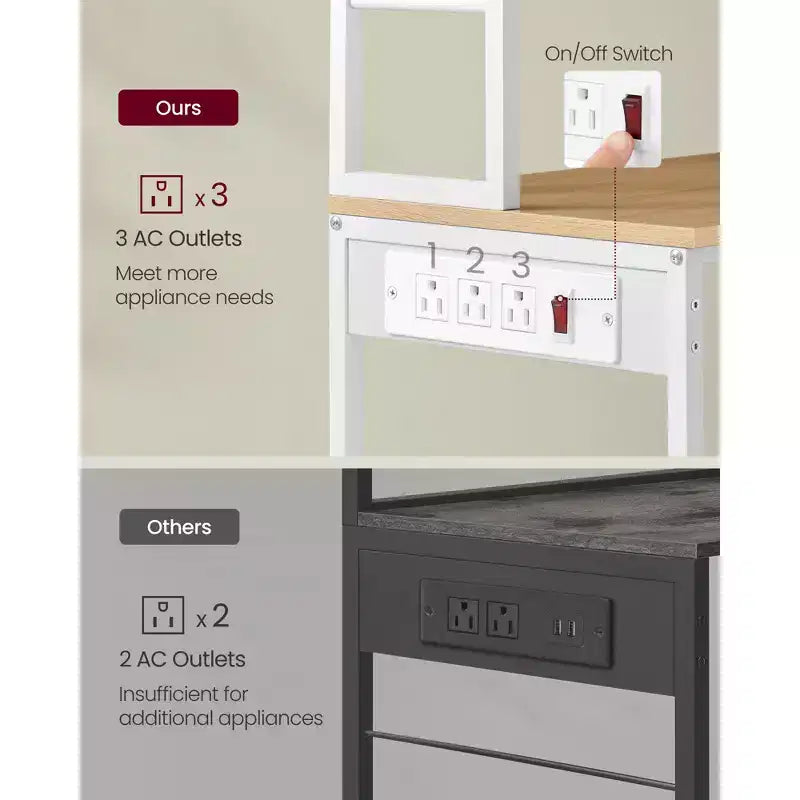 Bakers Rack with Power Outlet, 65.7 Inch Coffee Bar Shelf with Adjustable Shelf & 6 Hooks, Microwave Stand for Kitchen
