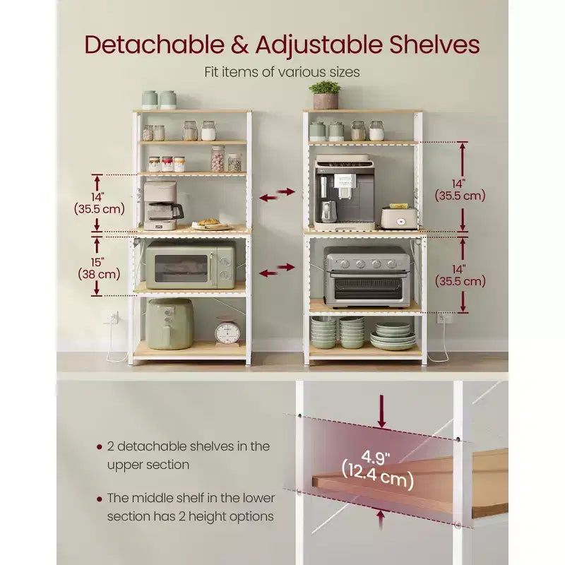 Bakers Rack with Power Outlet, 65.7 Inch Coffee Bar Shelf with Adjustable Shelf & 6 Hooks, Microwave Stand for Kitchen