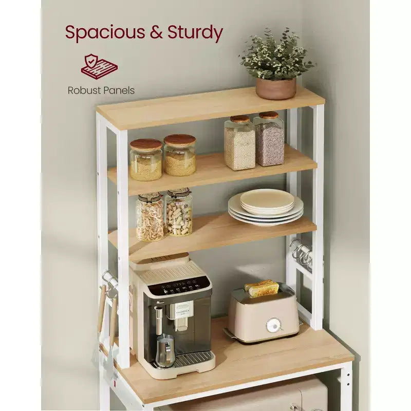 Bakers Rack with Power Outlet, 65.7 Inch Coffee Bar Shelf with Adjustable Shelf & 6 Hooks, Microwave Stand for Kitchen