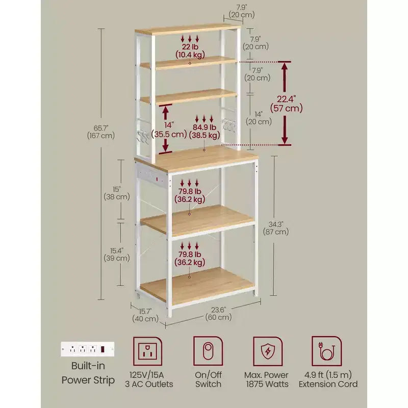 Bakers Rack with Power Outlet, 65.7 Inch Coffee Bar Shelf with Adjustable Shelf & 6 Hooks, Microwave Stand for Kitchen