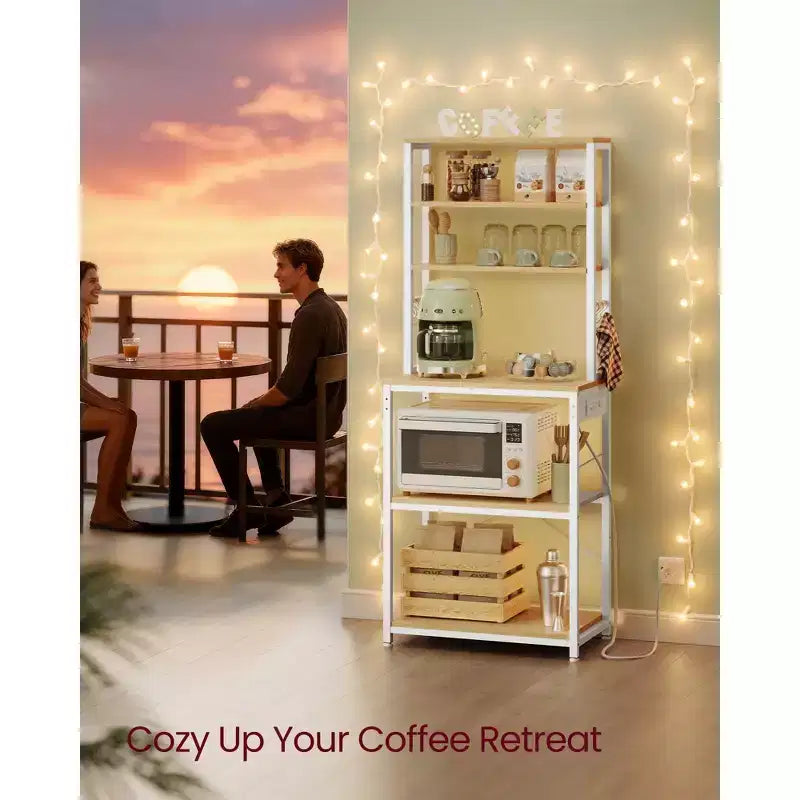 Bakers Rack with Power Outlet, 65.7 Inch Coffee Bar Shelf with Adjustable Shelf & 6 Hooks, Microwave Stand for Kitchen