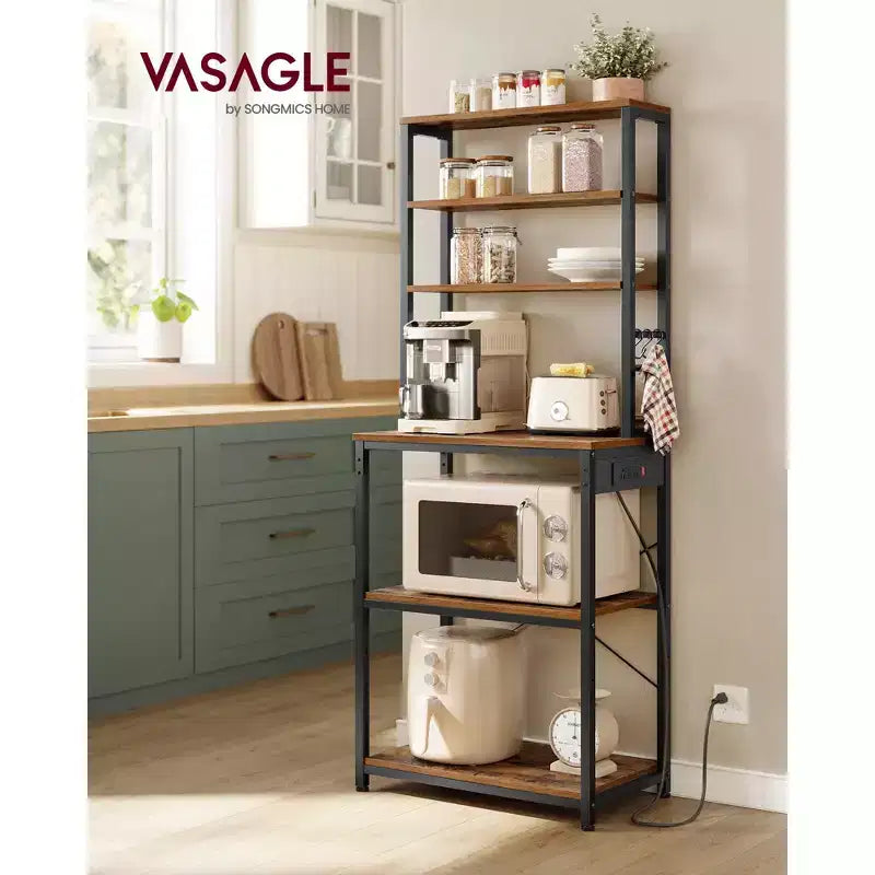 Bakers Rack with Power Outlet, 65.7 Inch Coffee Bar Shelf with Adjustable Shelf & 6 Hooks, Microwave Stand for Kitchen