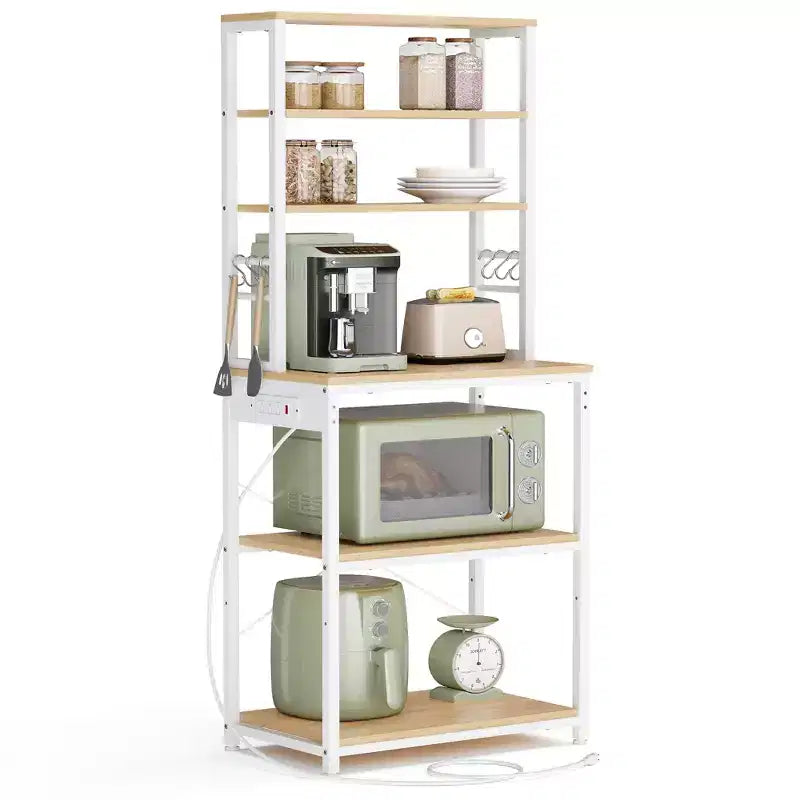 Bakers Rack with Power Outlet, 65.7 Inch Coffee Bar Shelf with Adjustable Shelf & 6 Hooks, Microwave Stand for Kitchen