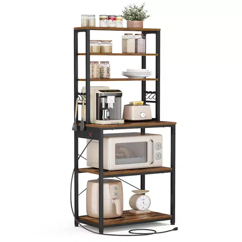 Bakers Rack with Power Outlet, 65.7 Inch Coffee Bar Shelf with Adjustable Shelf & 6 Hooks, Microwave Stand for Kitchen