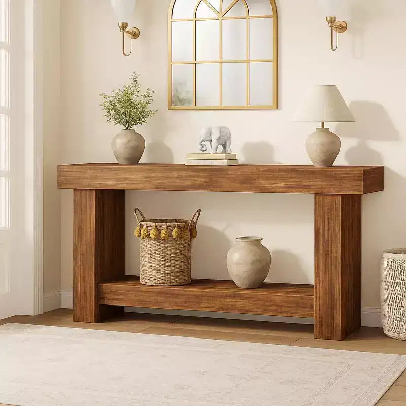 63 in Long Console Table for Entryway, Wood Farmhouse Console Table for Living Room, 2-Tier Large Sofa Table with Storage, Wooden Table for Entrance