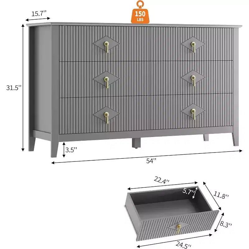 Acekool 54 6-Drawer Fluted Dresser, Modern Wide Storage Chest with Deep Drawers and Anti-Tip Kit