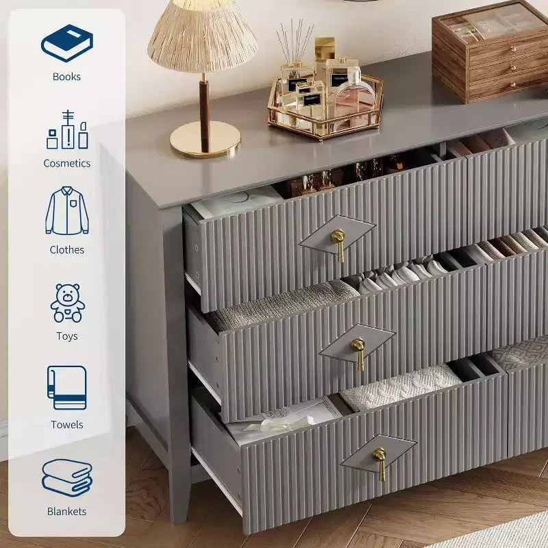 Acekool 54 6-Drawer Fluted Dresser, Modern Wide Storage Chest with Deep Drawers and Anti-Tip Kit