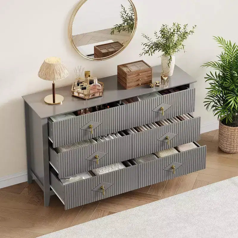 Acekool 54 6-Drawer Fluted Dresser, Modern Wide Storage Chest with Deep Drawers and Anti-Tip Kit