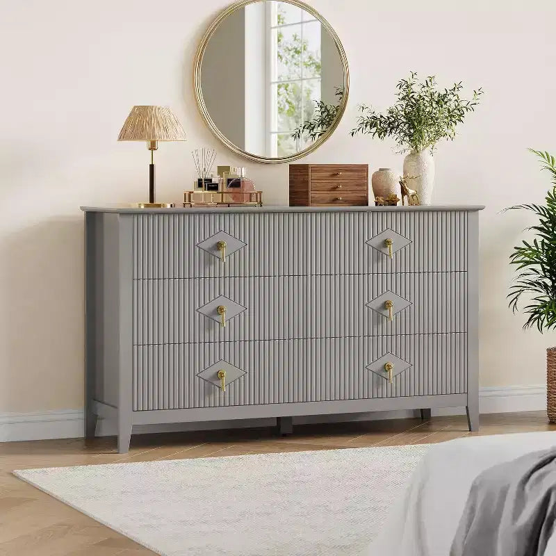Acekool 54 6-Drawer Fluted Dresser, Modern Wide Storage Chest with Deep Drawers and Anti-Tip Kit