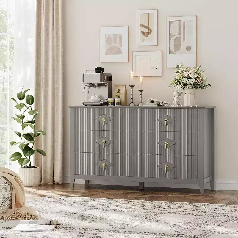Acekool 54 6-Drawer Fluted Dresser, Modern Wide Storage Chest with Deep Drawers and Anti-Tip Kit