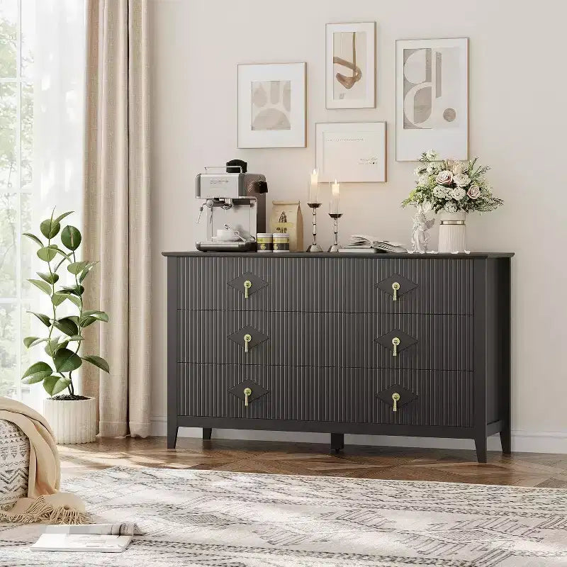 Acekool 54 6-Drawer Fluted Dresser, Modern Wide Storage Chest with Deep Drawers and Anti-Tip Kit