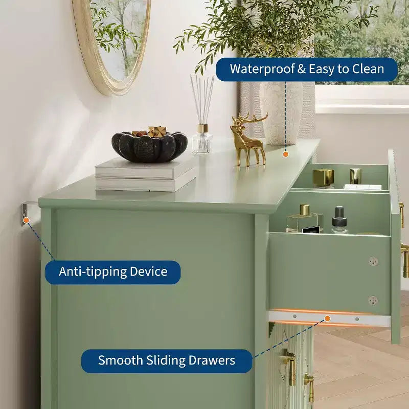 Acekool 54 6-Drawer Fluted Dresser, Modern Wide Storage Chest with Deep Drawers and Anti-Tip Kit
