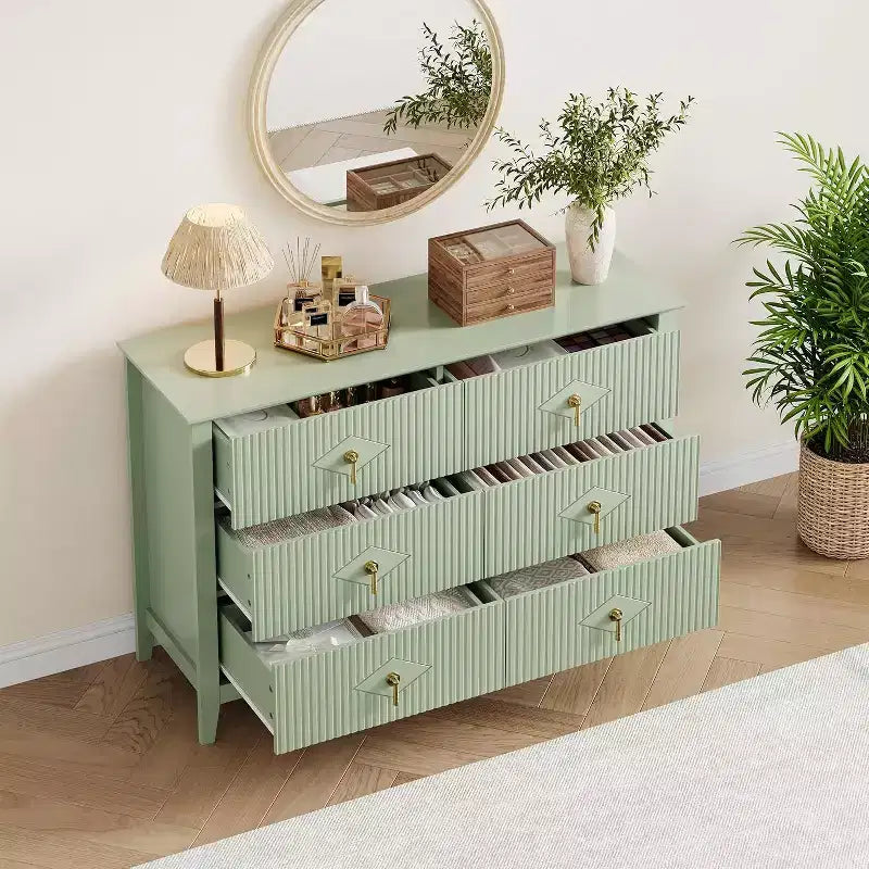 Acekool 54 6-Drawer Fluted Dresser, Modern Wide Storage Chest with Deep Drawers and Anti-Tip Kit