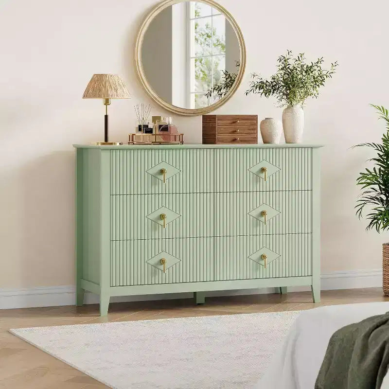 Acekool 54 6-Drawer Fluted Dresser, Modern Wide Storage Chest with Deep Drawers and Anti-Tip Kit