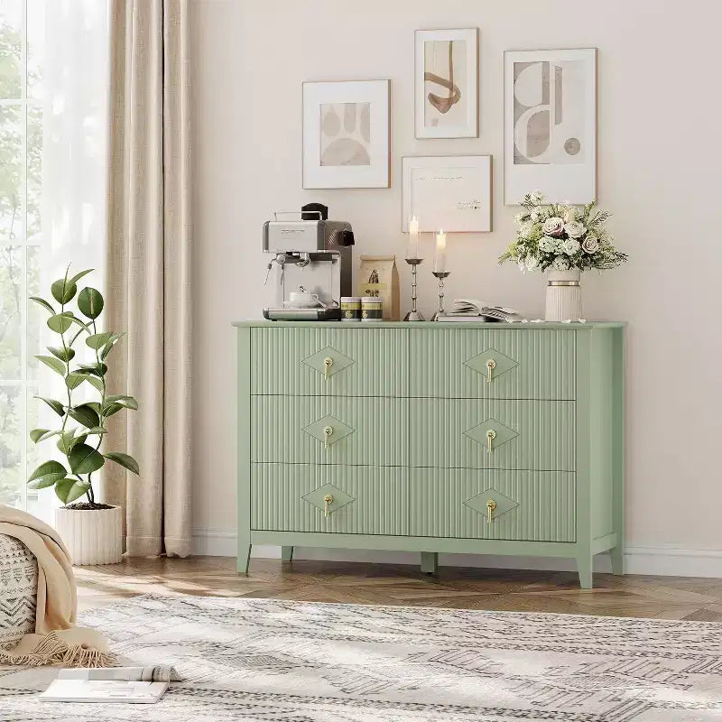 Acekool 54 6-Drawer Fluted Dresser, Modern Wide Storage Chest with Deep Drawers and Anti-Tip Kit