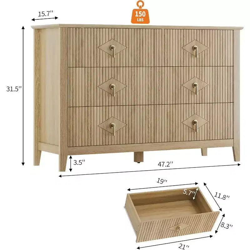 Acekool 54 6-Drawer Fluted Dresser, Modern Wide Storage Chest with Deep Drawers and Anti-Tip Kit