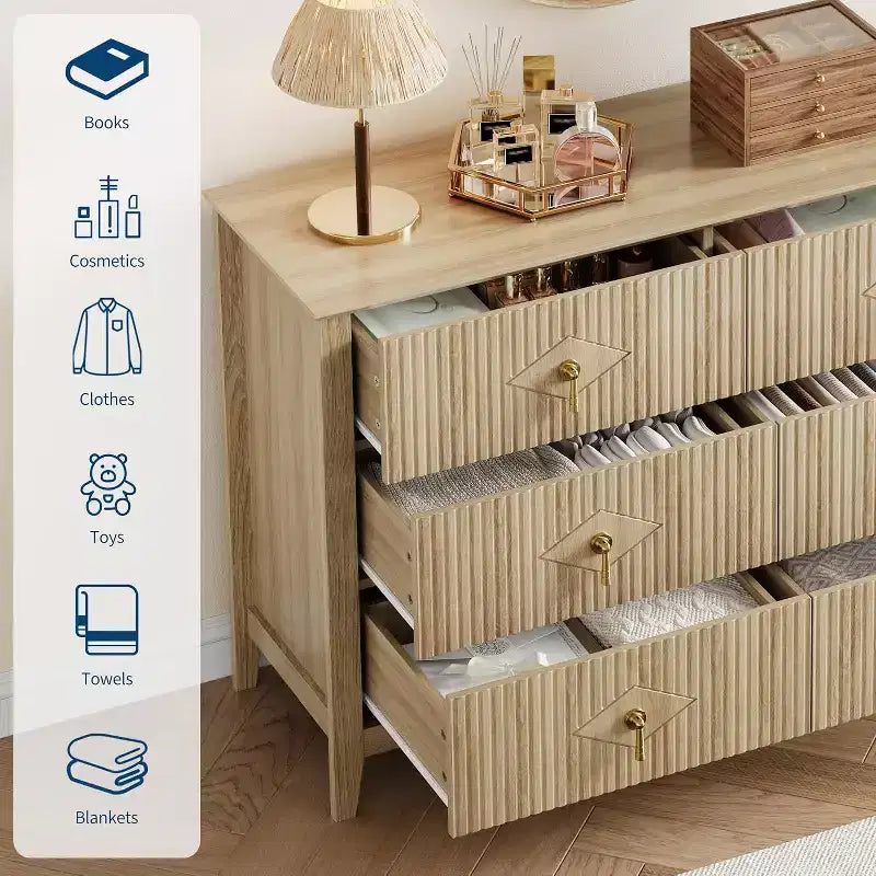 Acekool 54 6-Drawer Fluted Dresser, Modern Wide Storage Chest with Deep Drawers and Anti-Tip Kit