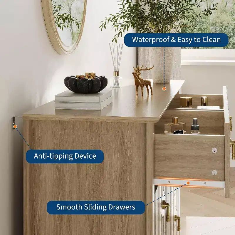 Acekool 54 6-Drawer Fluted Dresser, Modern Wide Storage Chest with Deep Drawers and Anti-Tip Kit