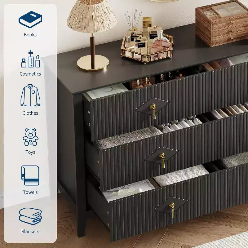 Acekool 54 6-Drawer Fluted Dresser, Modern Wide Storage Chest with Deep Drawers and Anti-Tip Kit