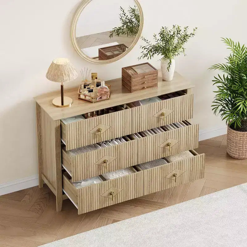 Acekool 54 6-Drawer Fluted Dresser, Modern Wide Storage Chest with Deep Drawers and Anti-Tip Kit