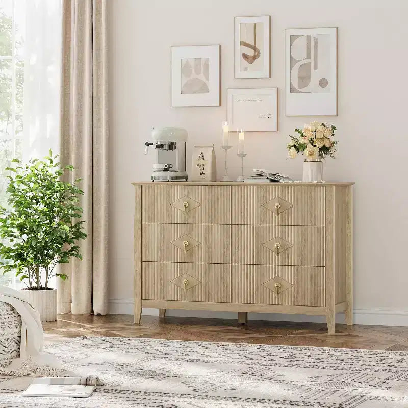 Acekool 54 6-Drawer Fluted Dresser, Modern Wide Storage Chest with Deep Drawers and Anti-Tip Kit