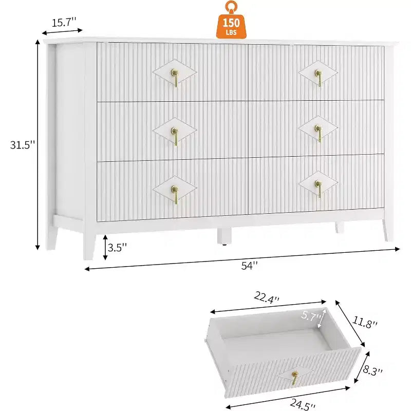 Acekool 54 6-Drawer Fluted Dresser, Modern Wide Storage Chest with Deep Drawers and Anti-Tip Kit
