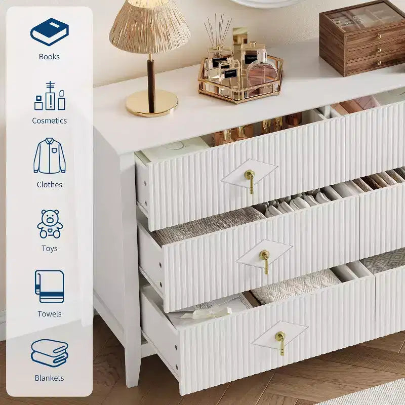 Acekool 54 6-Drawer Fluted Dresser, Modern Wide Storage Chest with Deep Drawers and Anti-Tip Kit