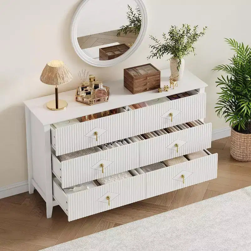 Acekool 54 6-Drawer Fluted Dresser, Modern Wide Storage Chest with Deep Drawers and Anti-Tip Kit