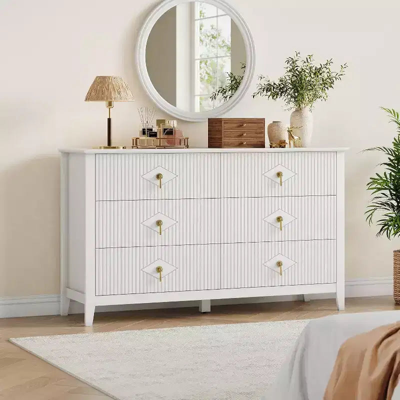 Acekool 54 6-Drawer Fluted Dresser, Modern Wide Storage Chest with Deep Drawers and Anti-Tip Kit