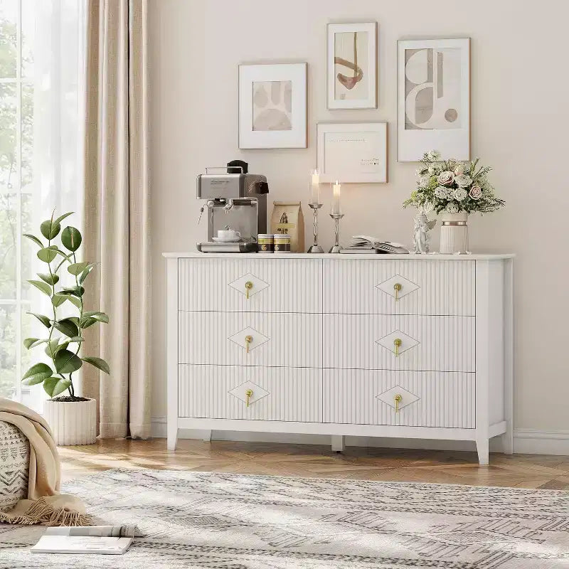 Acekool 54 6-Drawer Fluted Dresser, Modern Wide Storage Chest with Deep Drawers and Anti-Tip Kit