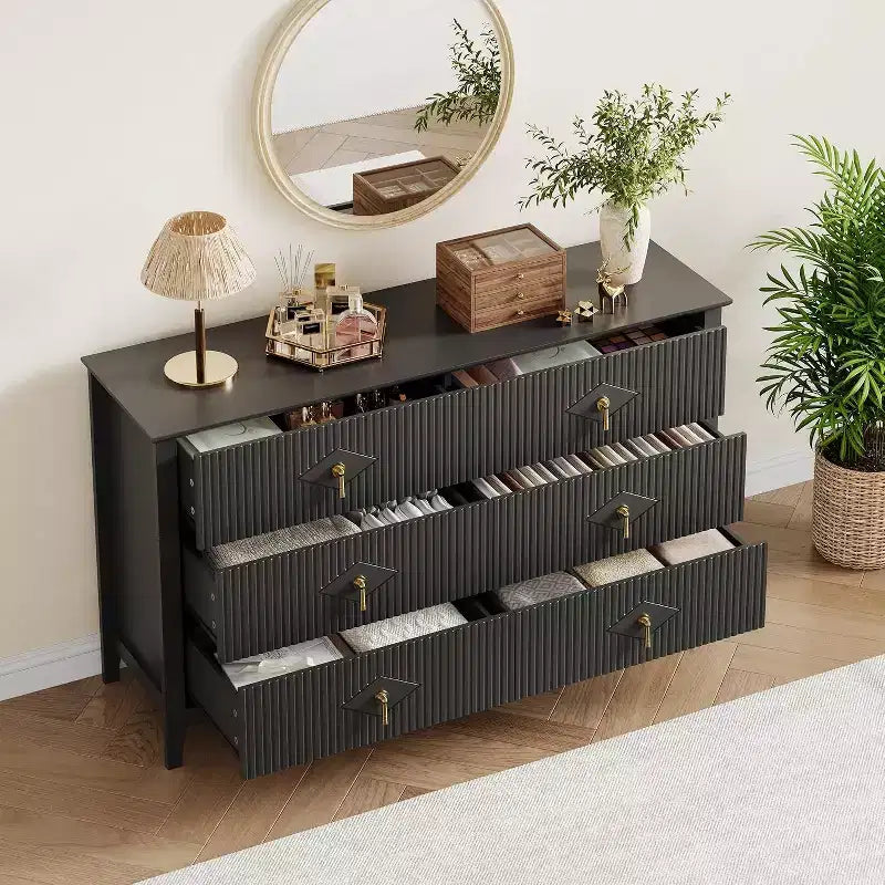 Acekool 54 6-Drawer Fluted Dresser, Modern Wide Storage Chest with Deep Drawers and Anti-Tip Kit