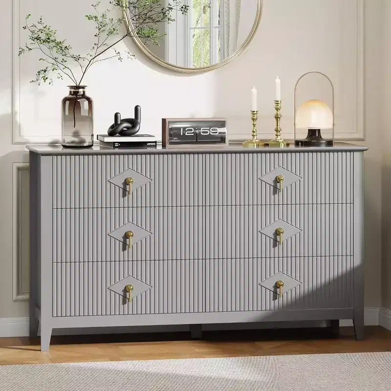Acekool 54 6-Drawer Fluted Dresser, Modern Wide Storage Chest with Deep Drawers and Anti-Tip Kit