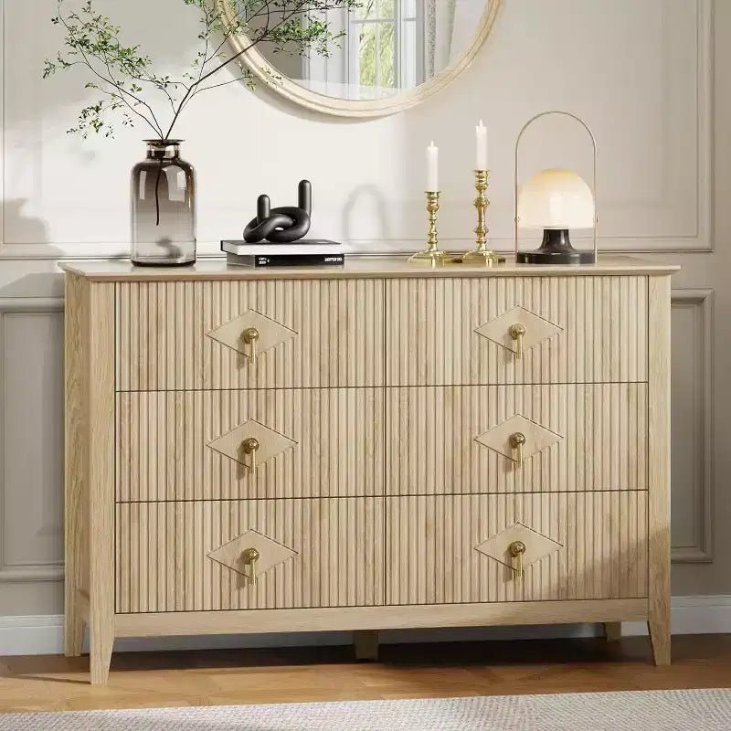 Acekool 54 6-Drawer Fluted Dresser, Modern Wide Storage Chest with Deep Drawers and Anti-Tip Kit