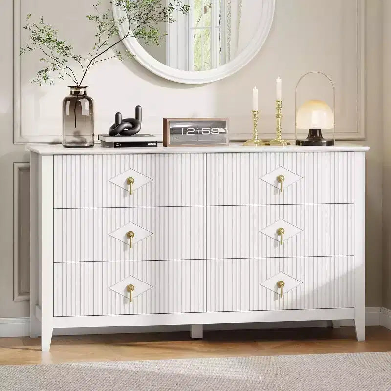Acekool 54 6-Drawer Fluted Dresser, Modern Wide Storage Chest with Deep Drawers and Anti-Tip Kit