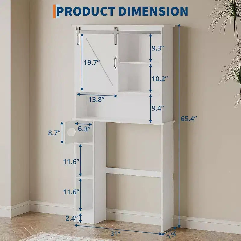 Over The Toilet Storage Cabinet with Barn Doors - Bathroom Stand Over Toilet with Tissue Hook and Adjustable Shelves,White