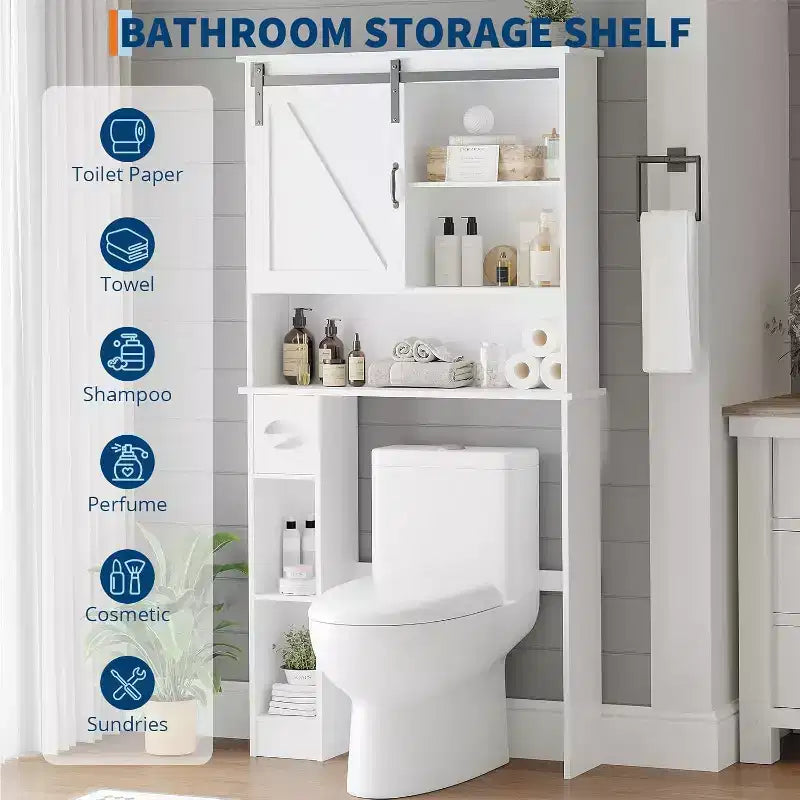 Over The Toilet Storage Cabinet with Barn Doors - Bathroom Stand Over Toilet with Tissue Hook and Adjustable Shelves,White